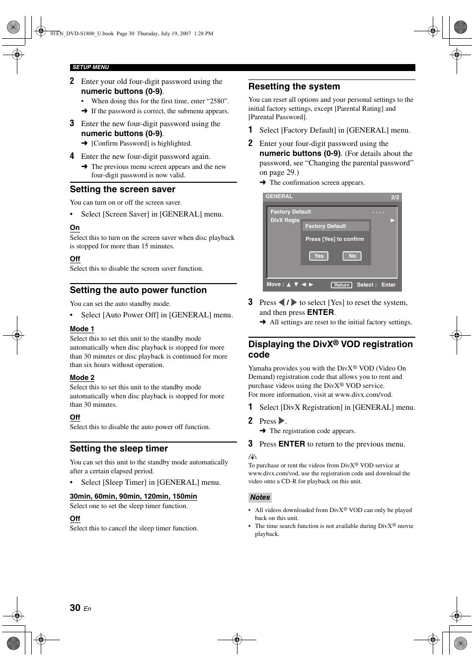 Setting the auto power function, Setting the sleep timer, Displaying the divx® vod registration code | Registration code, Audio setup menu, Setting the analog output, Setting the digital output, Setting th, Setting the screen saver, Resetting the system | Yamaha DVD-S1800 User Manual | Page 34 / 49