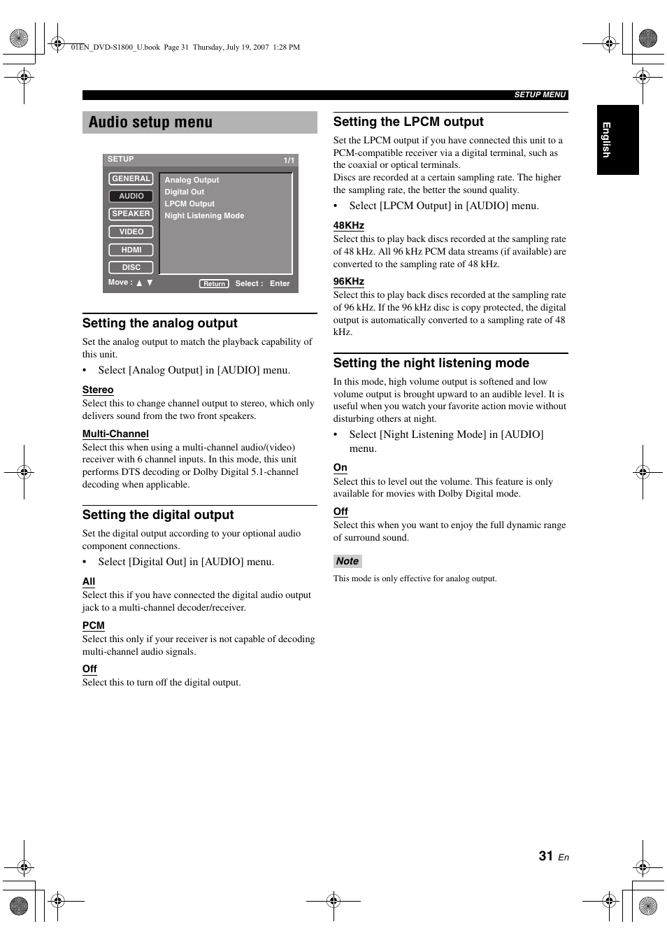 Audio setup menu, Setting the analog output, Setting the digital output | Setting the night listening mode, Speaker setup menu, Setting speaker sizes, Setting speaker distances, Setting speaker levels, Setting the sa-cd configuration, Setting the lpcm output | Yamaha DVD-S1800 User Manual | Page 35 / 49