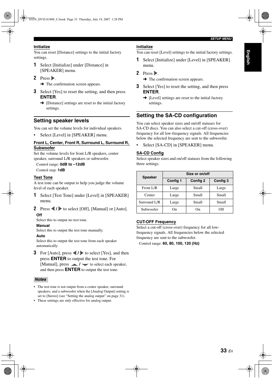 Setting speaker levels, Setting the sa-cd configuration, Selecting the wide screen format | Selecting the black level | Yamaha DVD-S1800 User Manual | Page 37 / 49
