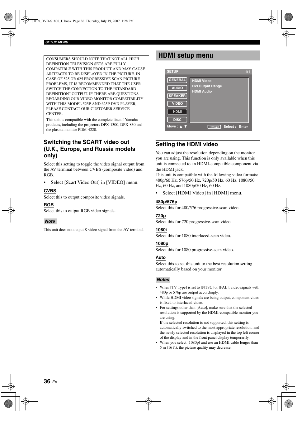 Hdmi setup menu, Setting the hdmi video, Setting the hdmi audio | Disc setup menu, Selecting the default audio/subtitle, Dvd menu language | Yamaha DVD-S1800 User Manual | Page 40 / 49