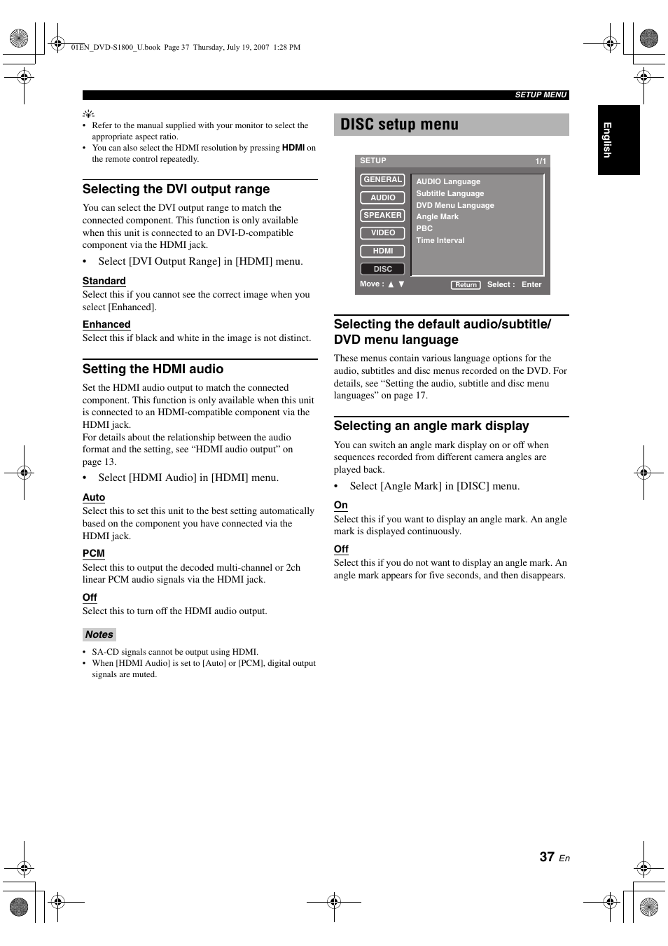 Selecting the dvi output range, Setting the hdmi audio, Disc setup menu | Selecting an angle mark display, Selecting the pbc (playback control), Function, Setting the duration for a slide show | Yamaha DVD-S1800 User Manual | Page 41 / 49