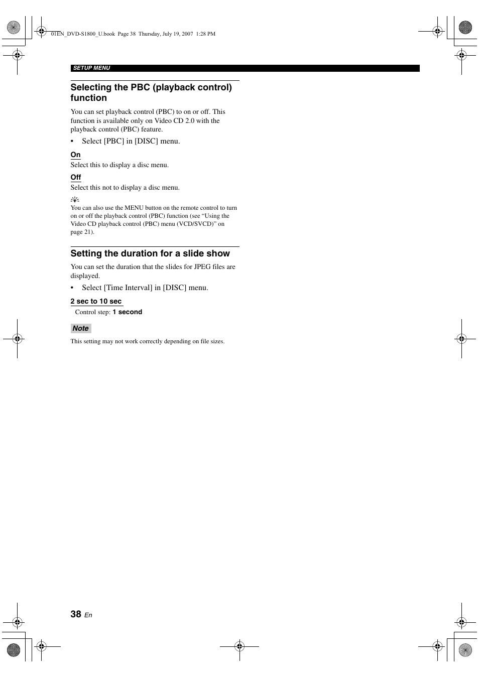 Selecting the pbc (playback control) function, Setting the duration for a slide show | Yamaha DVD-S1800 User Manual | Page 42 / 49