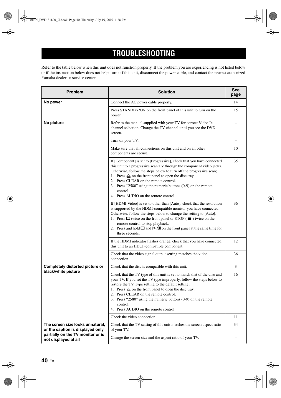 Troubleshooting | Yamaha DVD-S1800 User Manual | Page 44 / 49