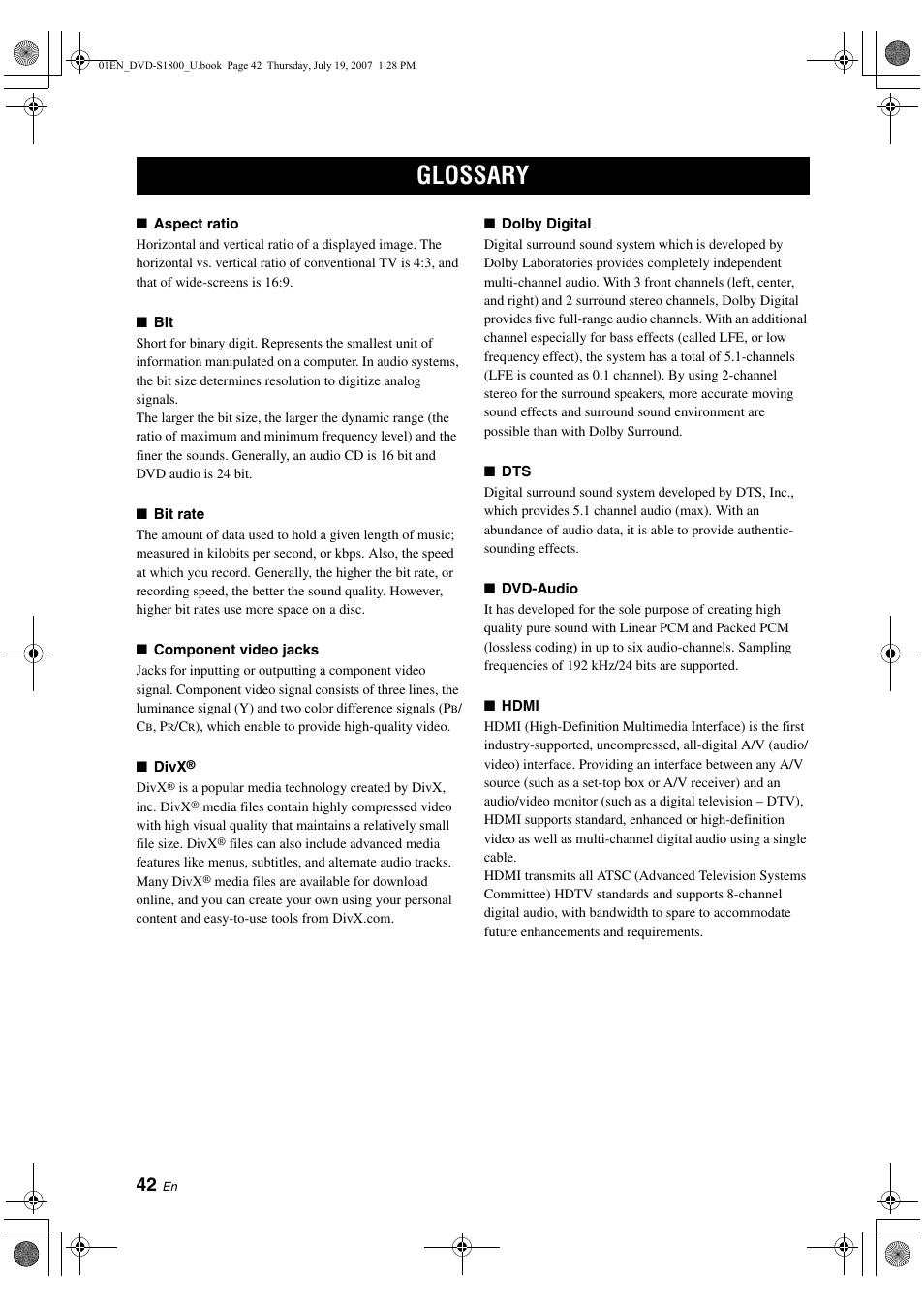 Glossary | Yamaha DVD-S1800 User Manual | Page 46 / 49