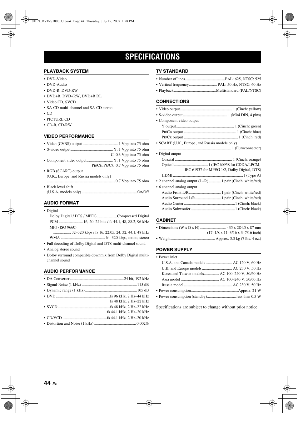 Specifications | Yamaha DVD-S1800 User Manual | Page 48 / 49