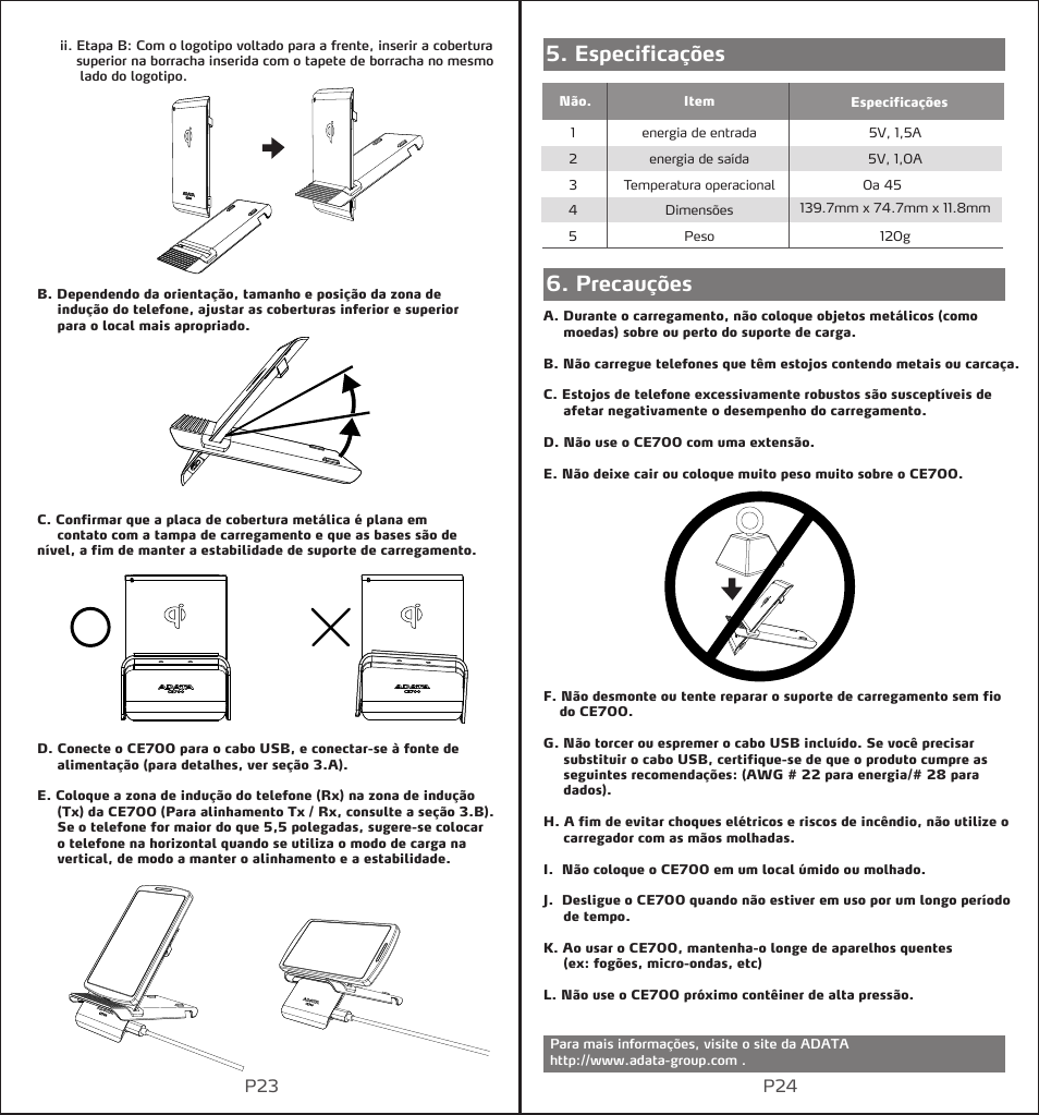 Especificações 6. precauções | ADATA CE700 User Manual | Page 14 / 27