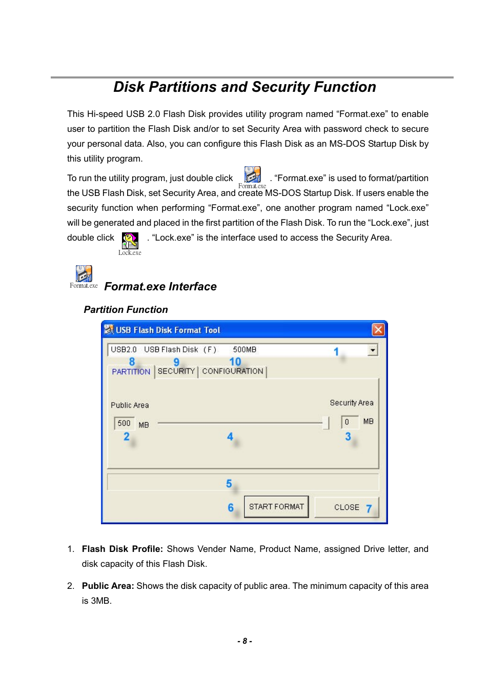 Disk partitions and security function, Format.exe interface | ADATA Nobility PD17 User Manual | Page 8 / 15