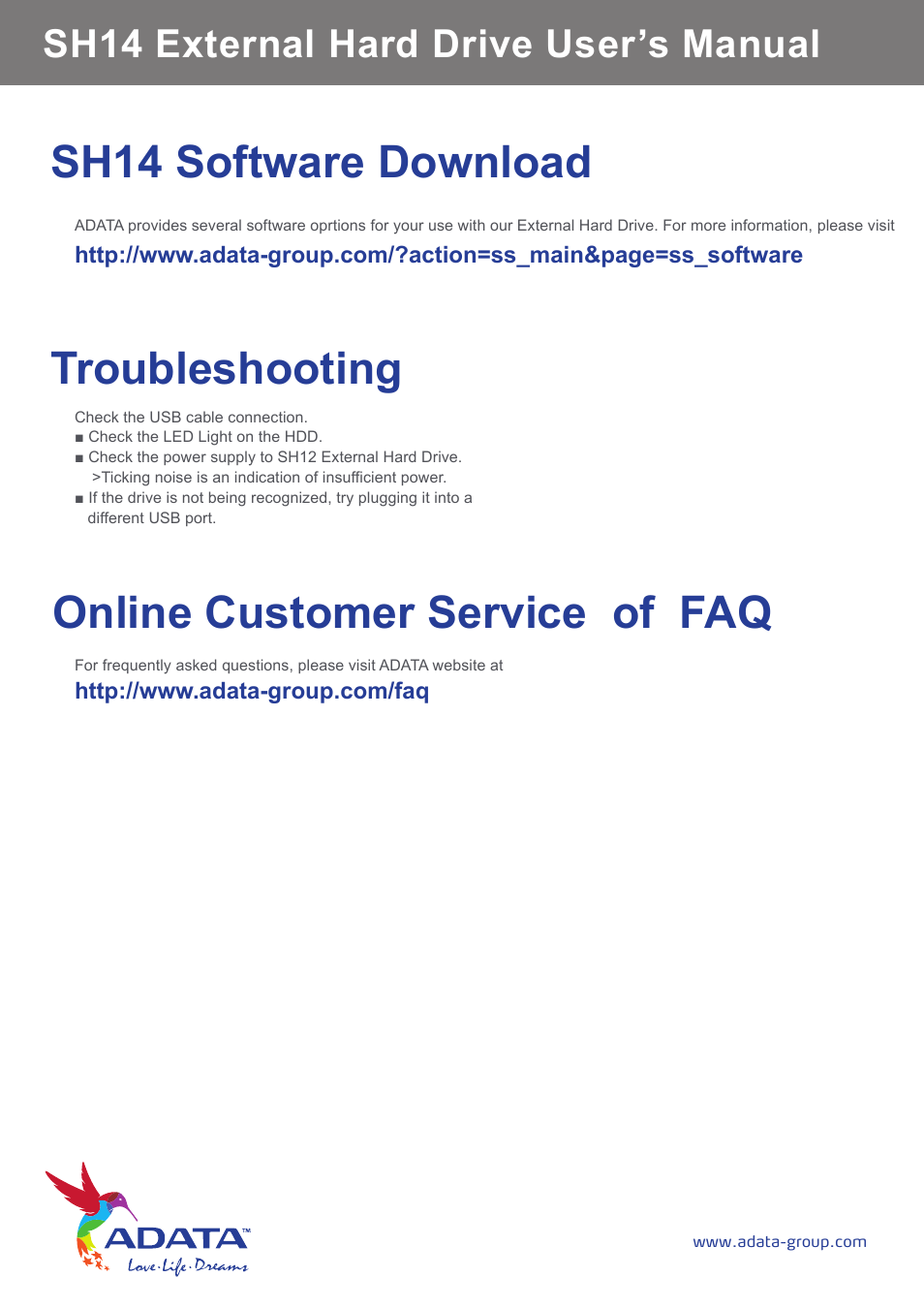 Sh14 software download, Online customer service of faq troubleshooting, Sh14 external hard drive user’s manual | ADATA SH14 User Manual | Page 15 / 18