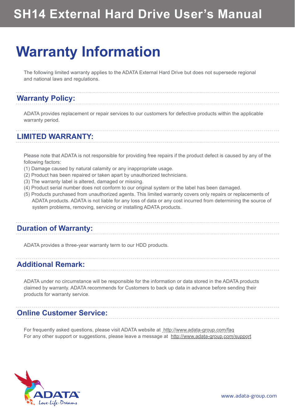 Warranty information, Sh14 external hard drive user’s manual, Warranty policy | Limited warranty, Duration of warranty, Additional remark, Online customer service | ADATA SH14 User Manual | Page 17 / 18