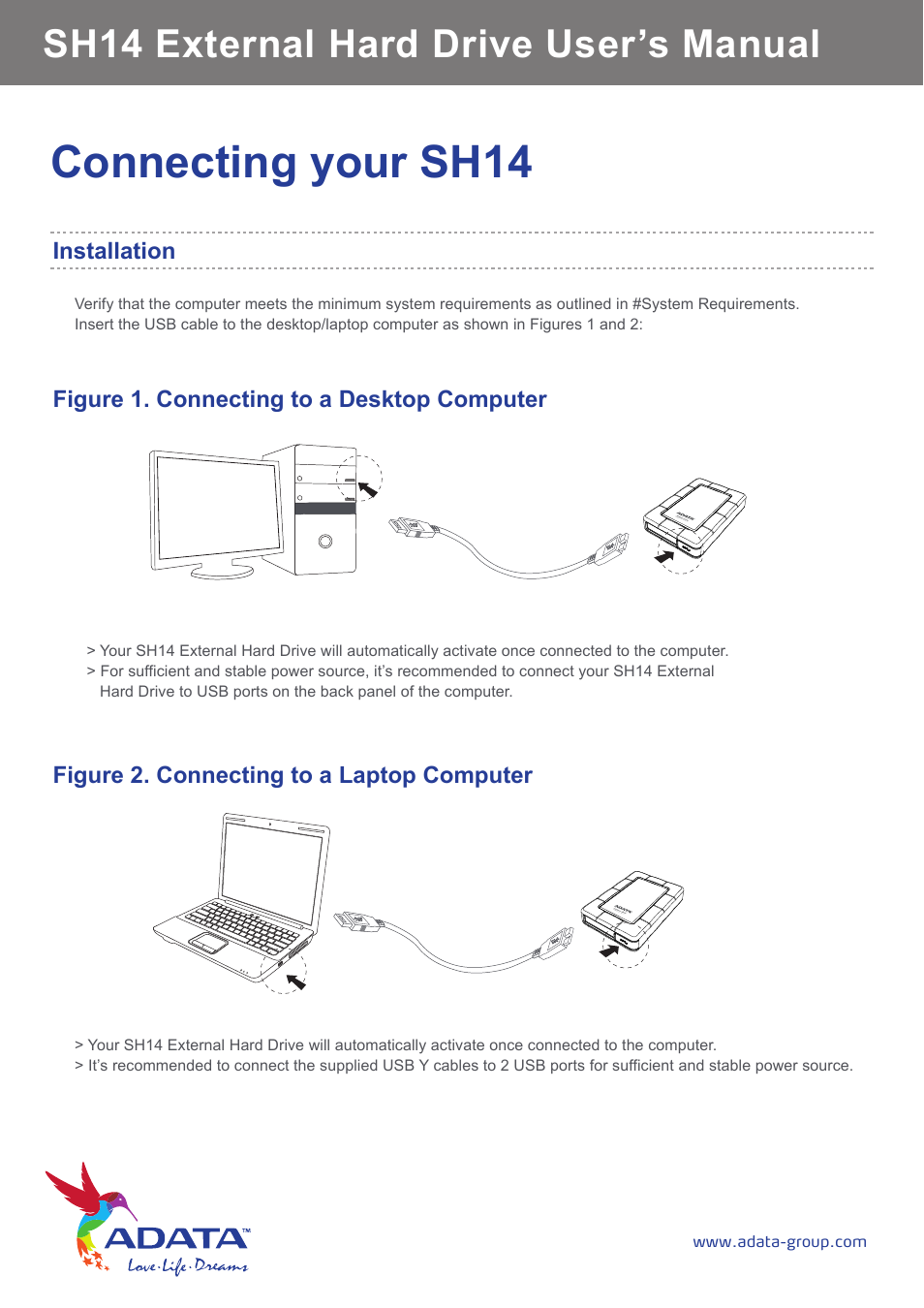 Connecting your sh14, Sh14 external hard drive user’s manual, Figure 2. connecting to a laptop computer | ADATA SH14 User Manual | Page 9 / 18