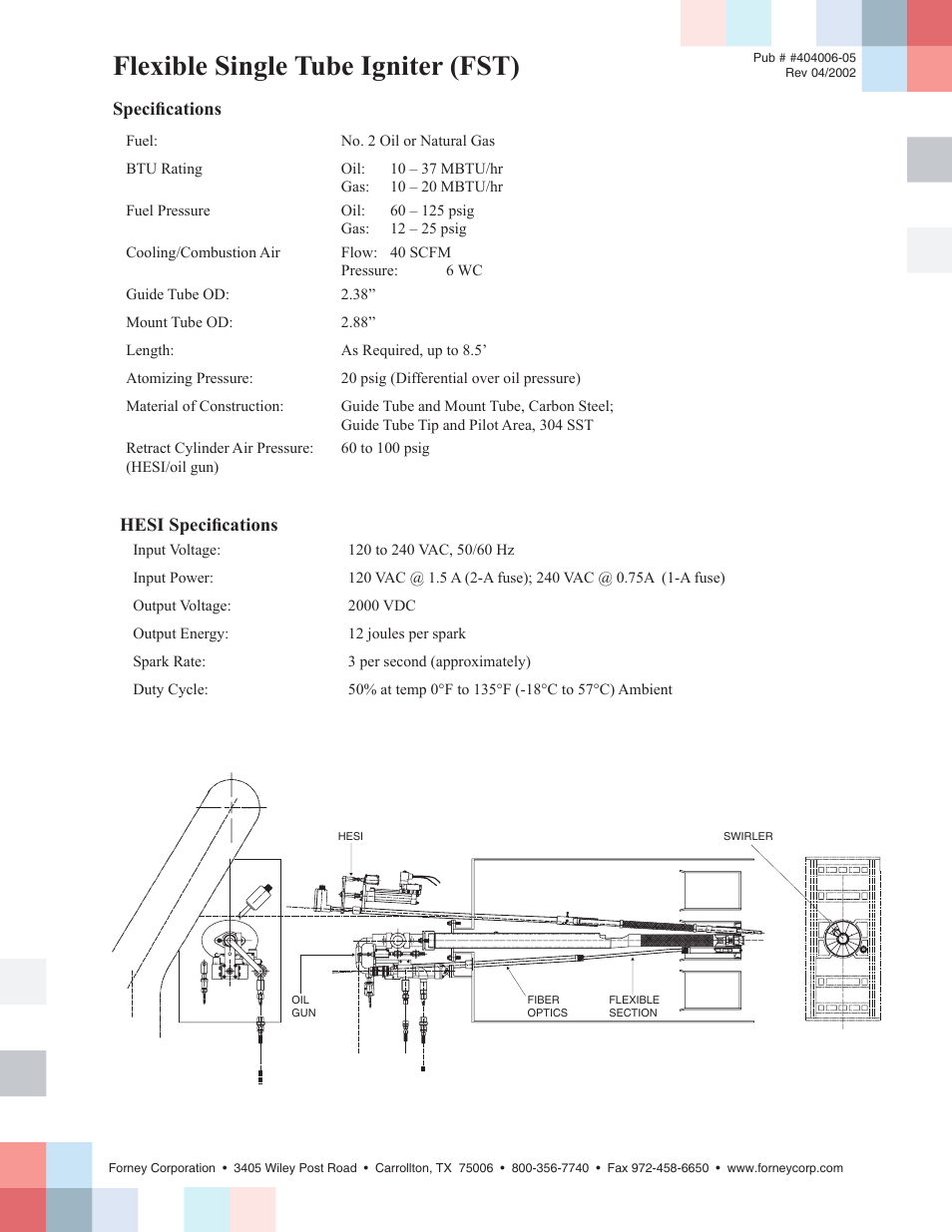 Flexible single tube igniter (fst), Specifications, Hesi specifications | Forney Q87 User Manual | Page 2 / 2