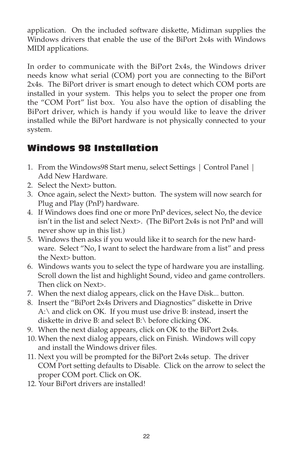 Windows 98 installation | M-AUDIO Biport 2x4s User Manual | Page 22 / 48
