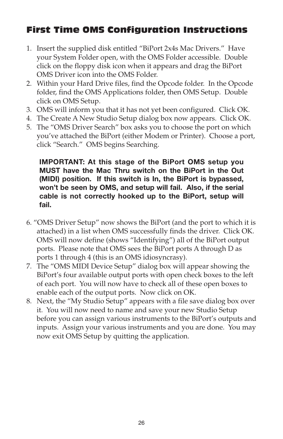 First time oms configuration instructions | M-AUDIO Biport 2x4s User Manual | Page 26 / 48