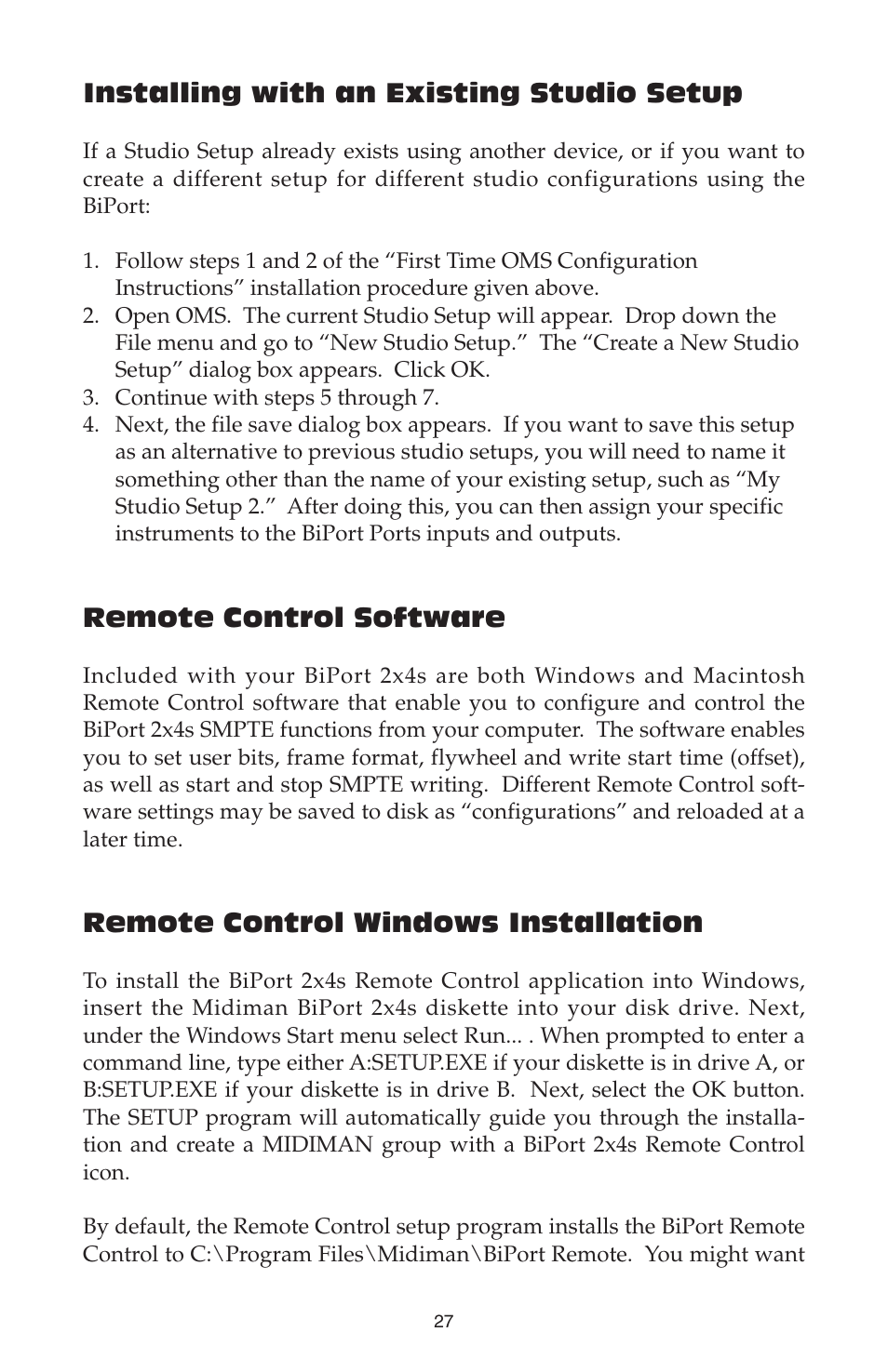 Installing with an existing studio setup, Remote control software, Remote control windows installation | M-AUDIO Biport 2x4s User Manual | Page 27 / 48