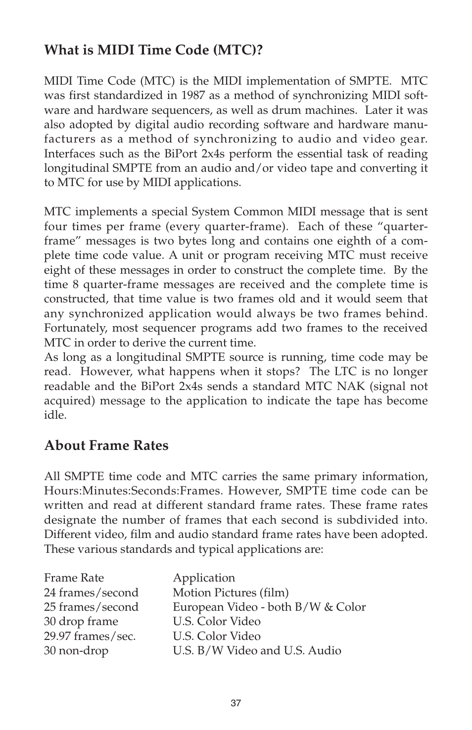What is midi time code (mtc), About frame rates | M-AUDIO Biport 2x4s User Manual | Page 37 / 48