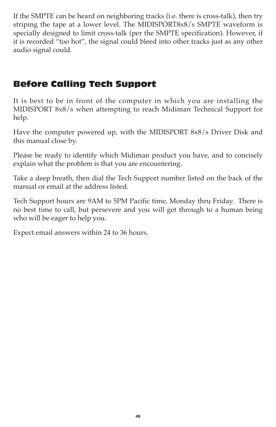 Before calling tech support | M-AUDIO MIDISPORT 8x8/s User Manual | Page 49 / 52