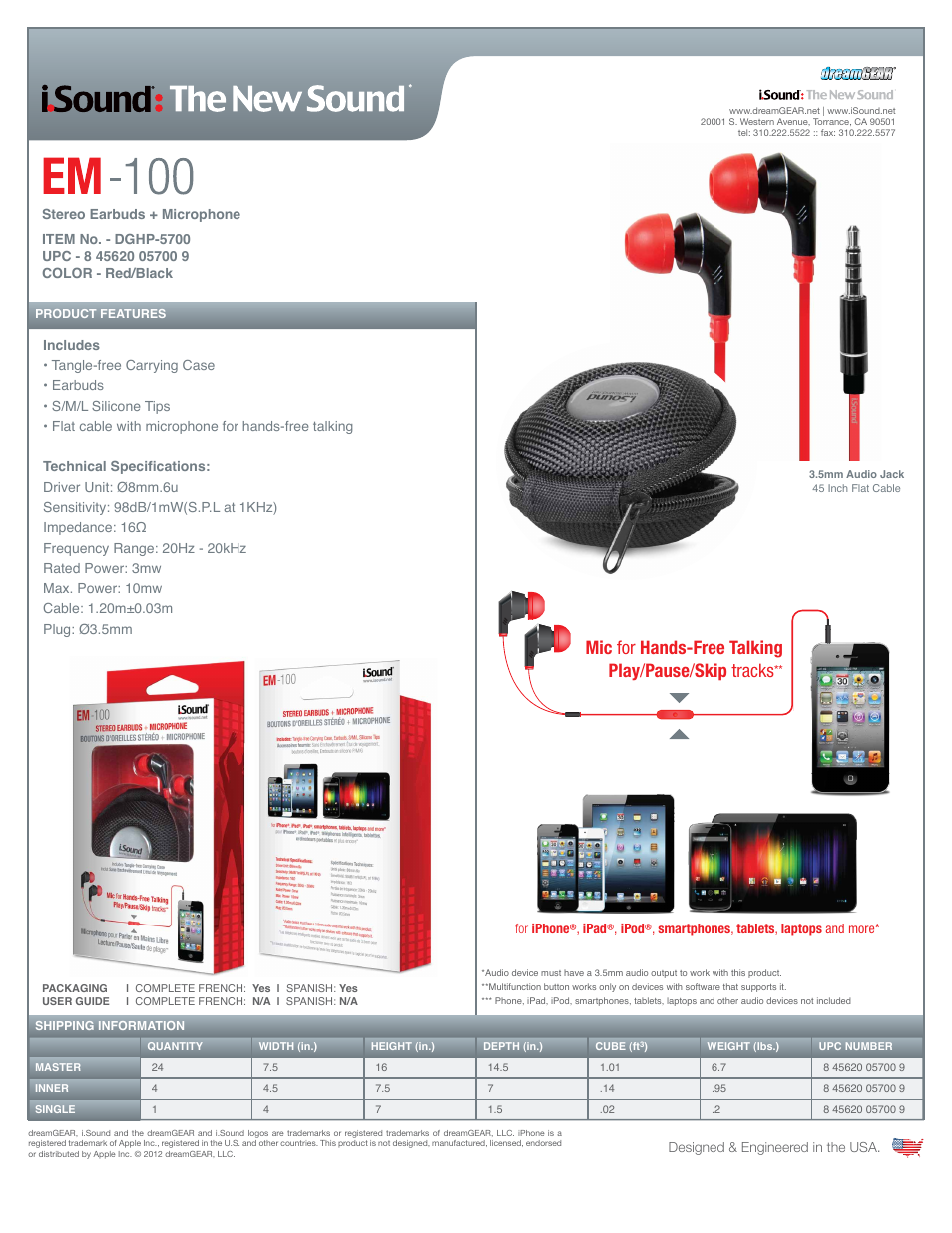 iSound EM-100 Stereo Earbuds + Microphone - Sell Sheet User Manual | 1 page