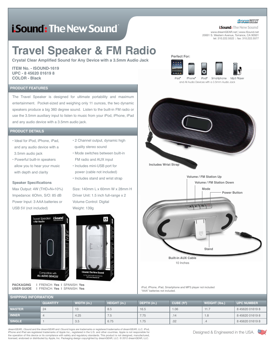 iSound Travel Speaker & FM Radio - Sell Sheet User Manual | 1 page