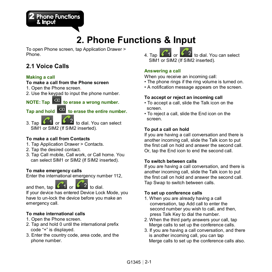2 phone functions & input, Phone functions & input, 1 voice calls | GIGABYTE GSmart G1345 User Manual | Page 24 / 59