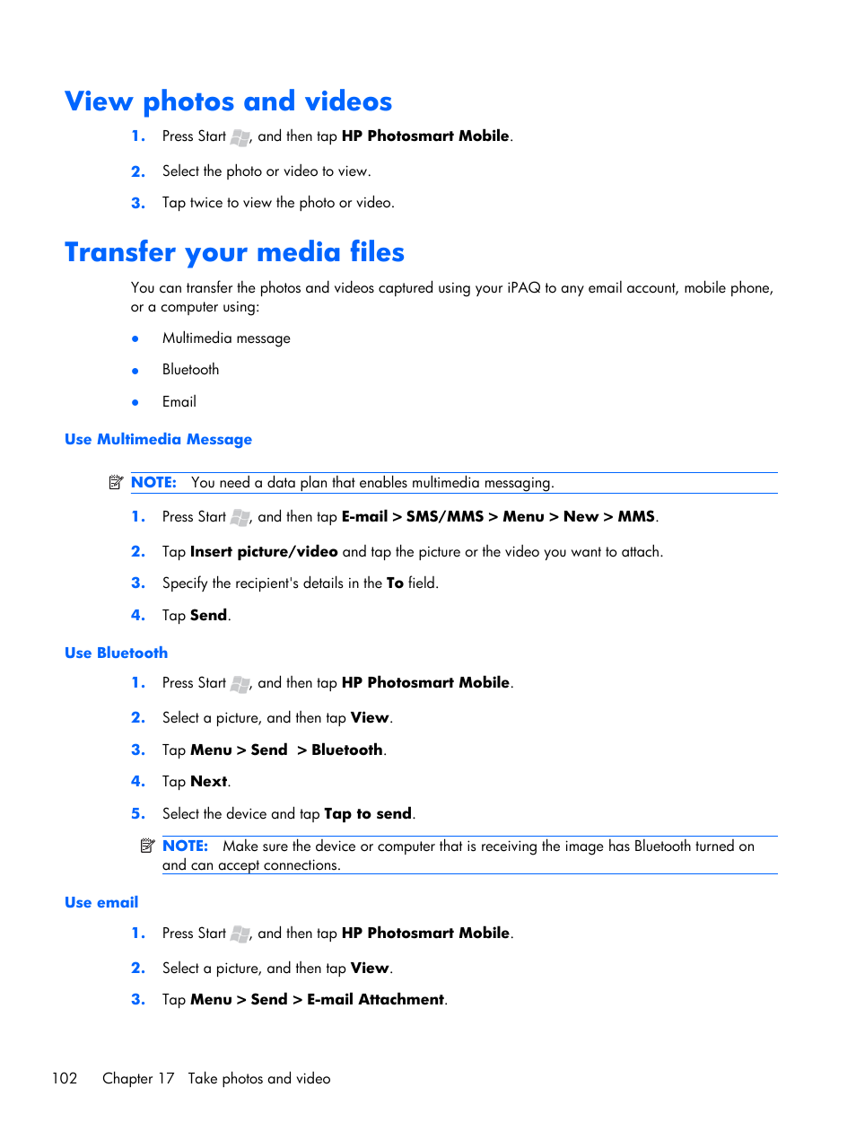 View photos and videos, Transfer your media files, View photos and videos transfer your media files | HP iPAQ Glisten User Manual | Page 114 / 185