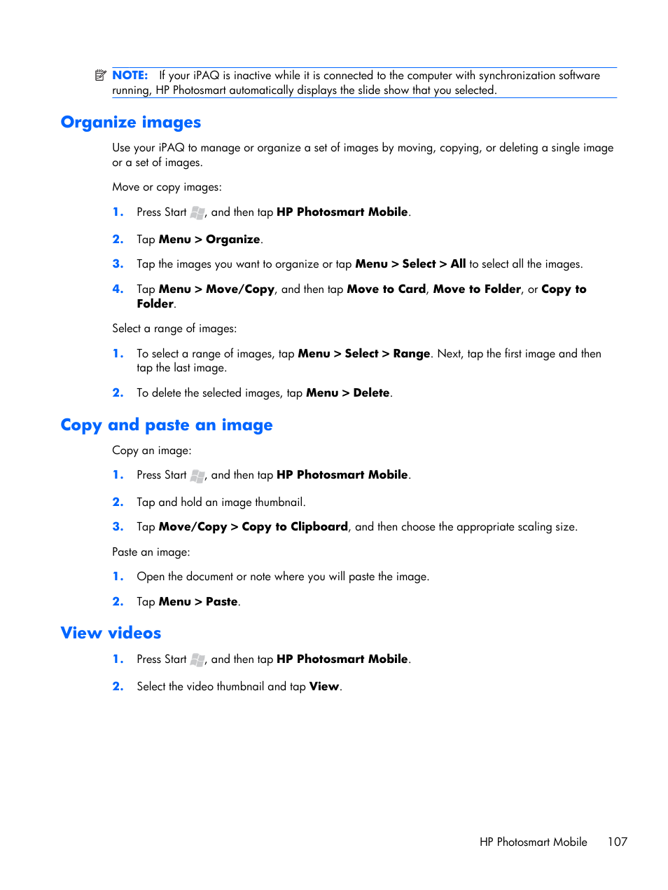 Organize images, Copy and paste an image, View videos | HP iPAQ Glisten User Manual | Page 119 / 185