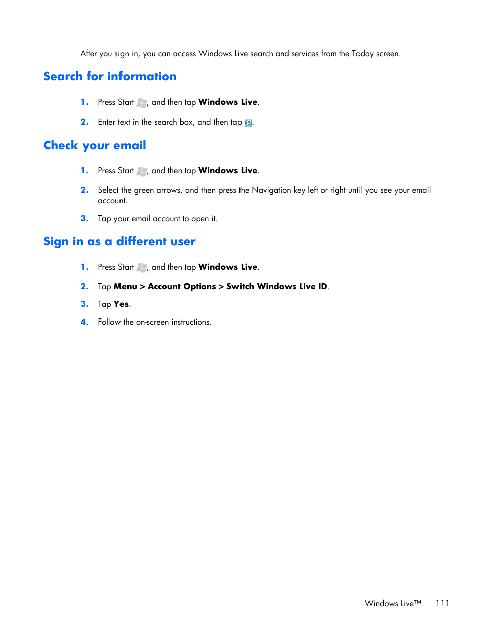Search for information, Check your email, Sign in as a different user | HP iPAQ Glisten User Manual | Page 123 / 185