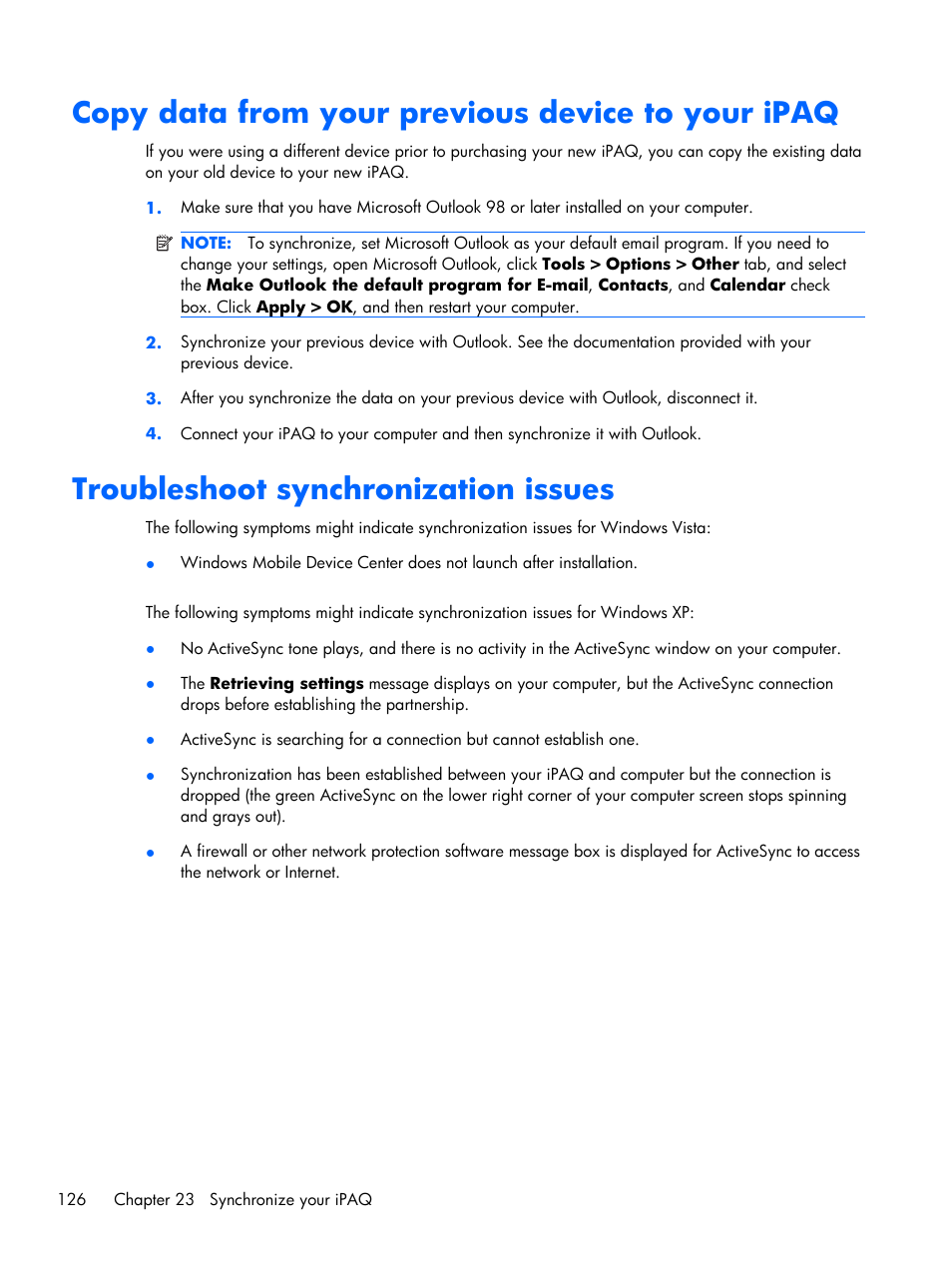 Copy data from your previous device to your ipaq, Troubleshoot synchronization issues | HP iPAQ Glisten User Manual | Page 138 / 185