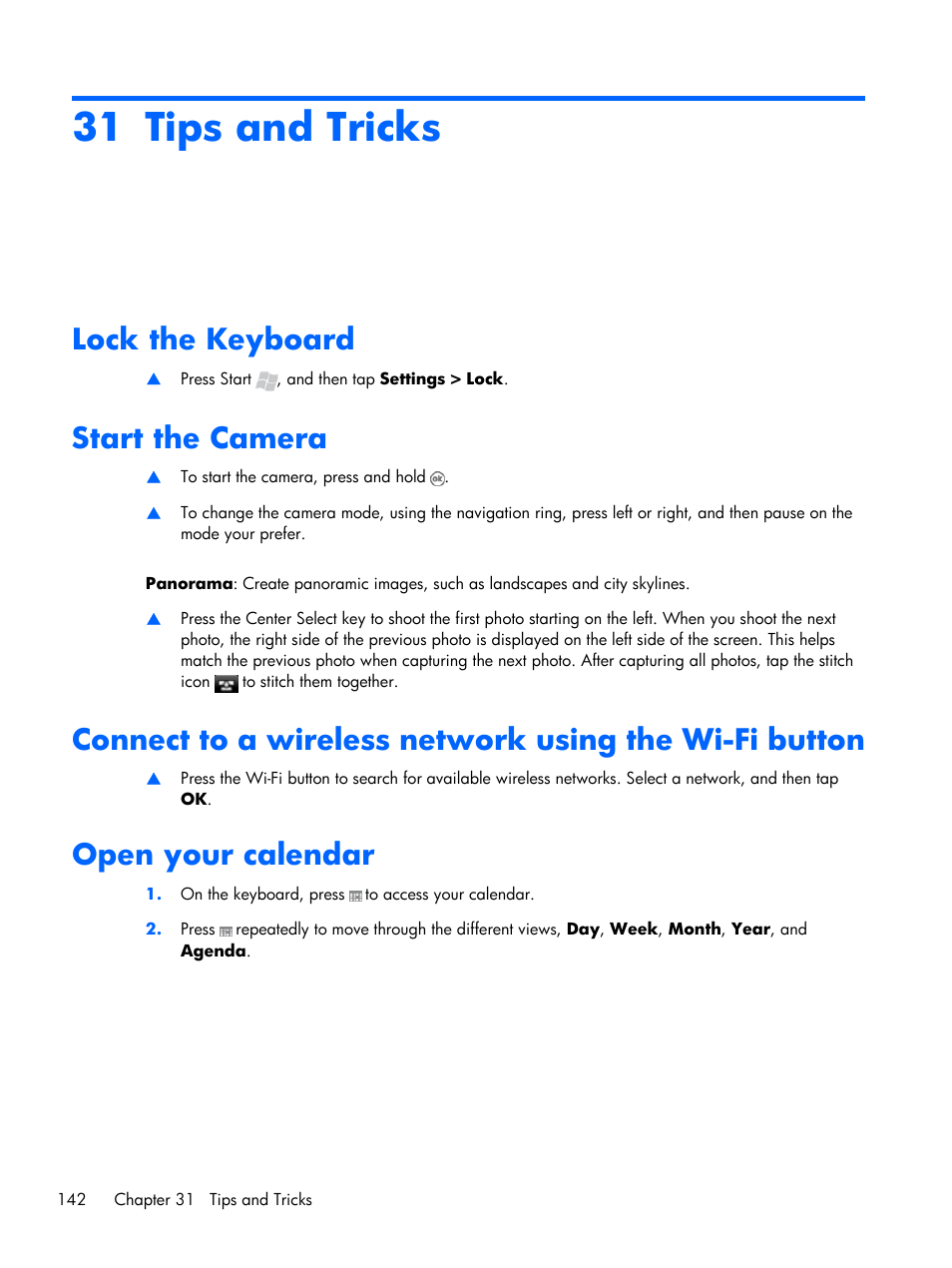 Tips and tricks, Lock the keyboard, Start the camera | Open your calendar, 31 tips and tricks | HP iPAQ Glisten User Manual | Page 154 / 185