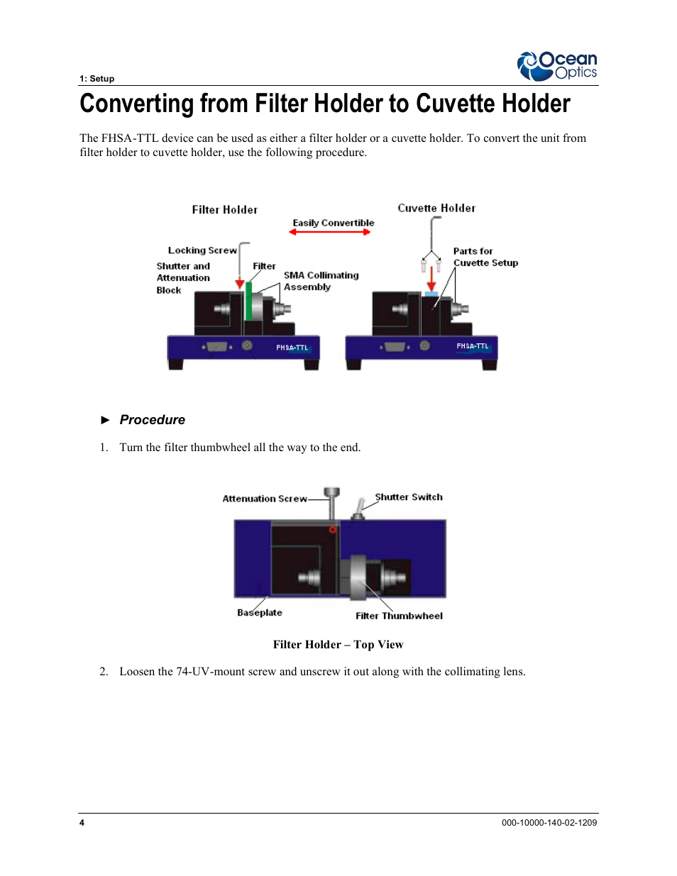 Converting from filter holder to cuvette holder | Ocean Optics FHSA-TTL User Manual | Page 10 / 18