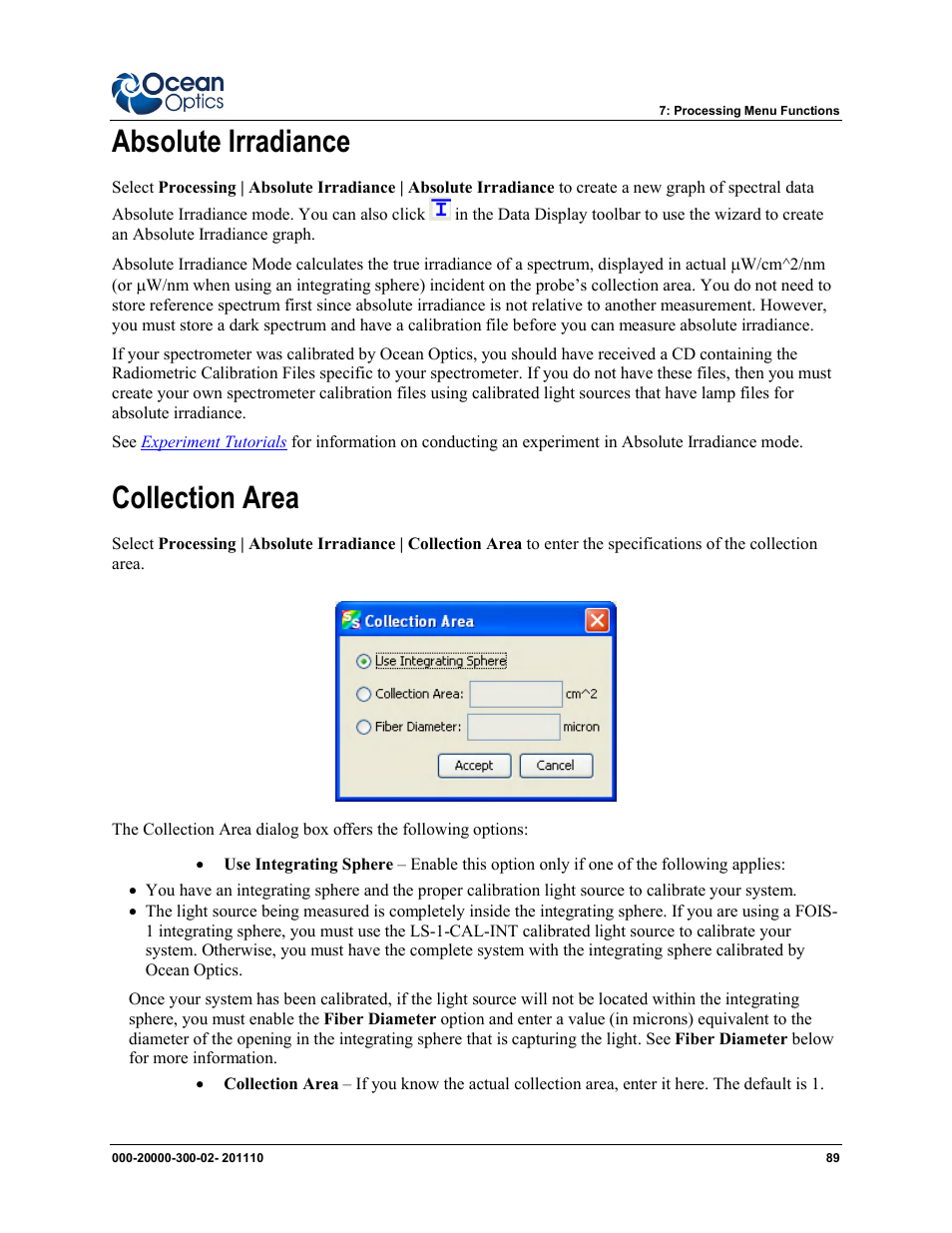 Absolute irradiance collection area, Absolute irradiance, Collection area | Ocean Optics SpectraSuite User Manual | Page 101 / 198