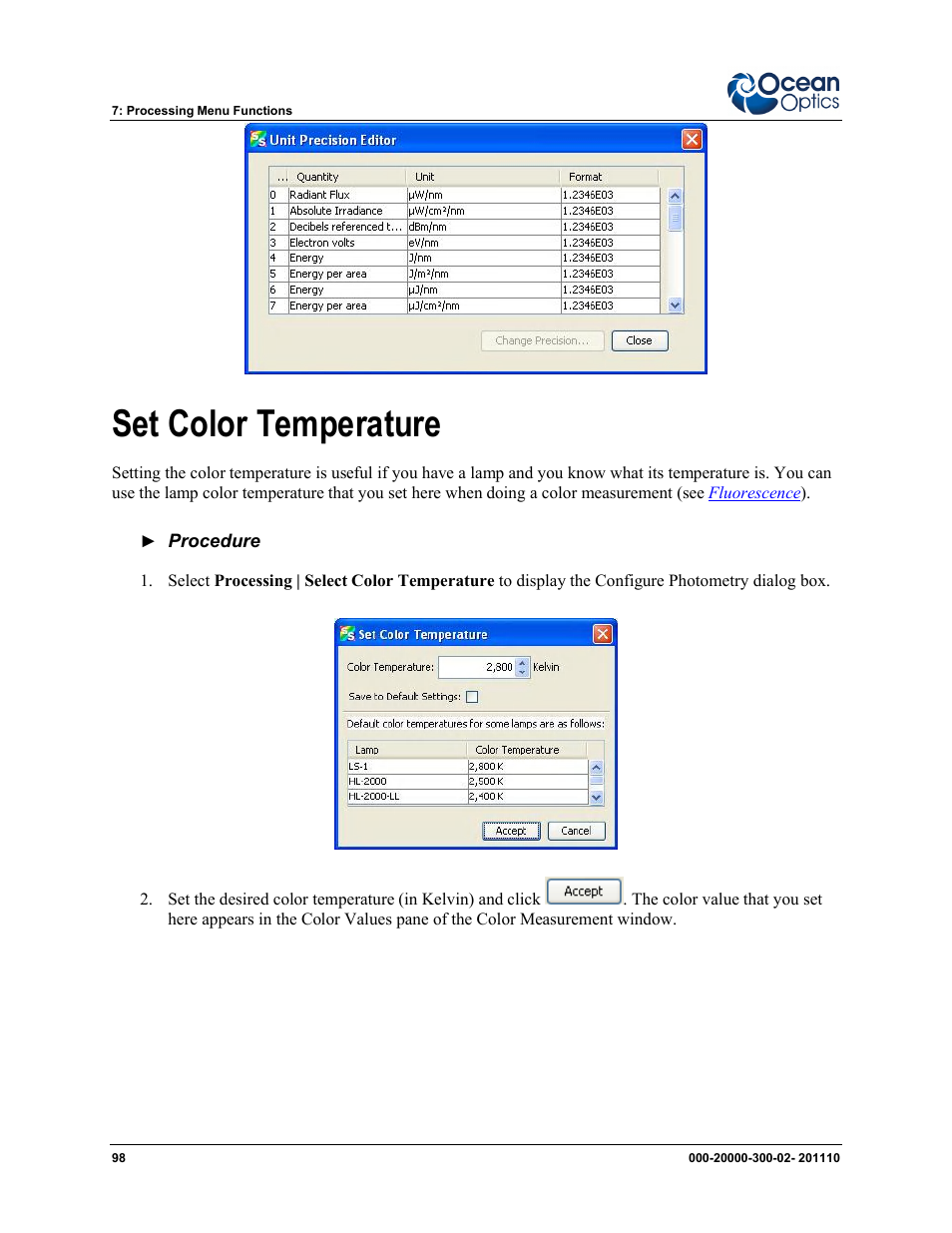 Set color temperature | Ocean Optics SpectraSuite User Manual | Page 110 / 198