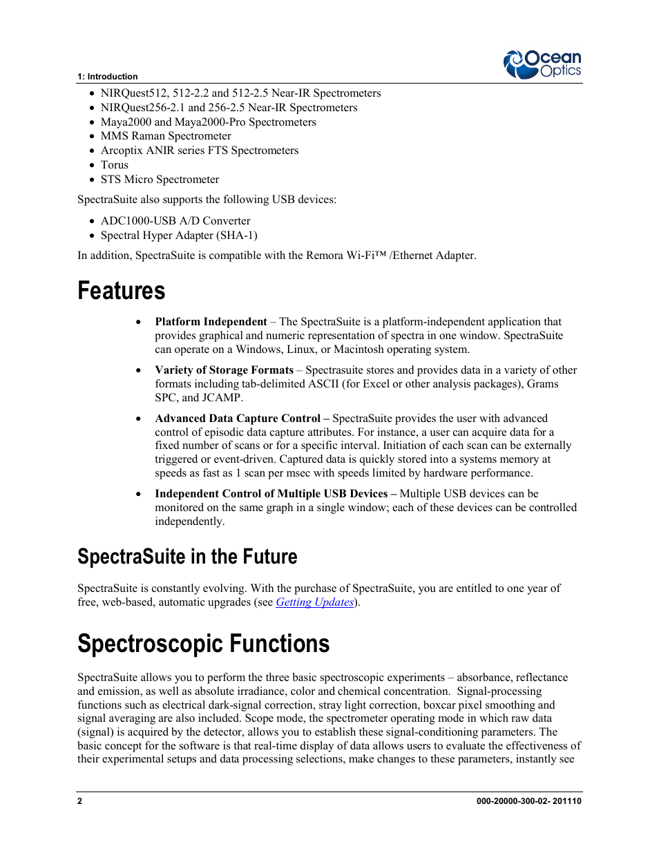 Features, Spectrasuite in the future, Spectroscopic functions | Ocean Optics SpectraSuite User Manual | Page 14 / 198