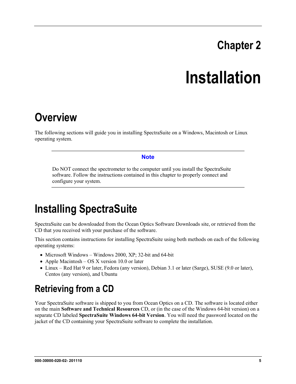 Chapter 2, Installation, Overview installing spectrasuite | Retrieving from a cd, Overview, Installing spectrasuite | Ocean Optics SpectraSuite User Manual | Page 17 / 198