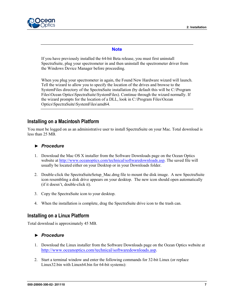 Installing on a macintosh platform, Installing on a linux platform | Ocean Optics SpectraSuite User Manual | Page 19 / 198