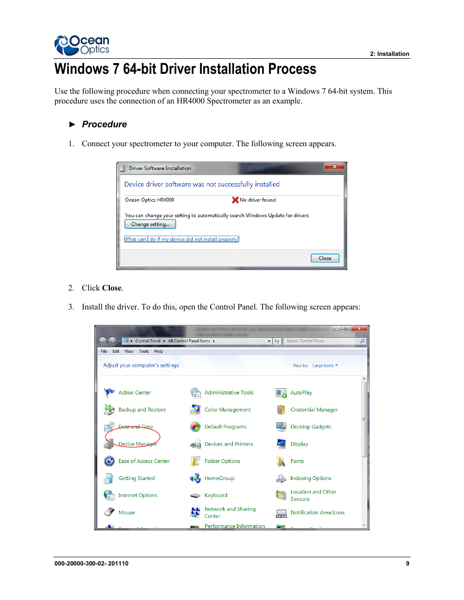 Windows vista 64-bit dr, Windows 7 64-bit driver installation process | Ocean Optics SpectraSuite User Manual | Page 21 / 198