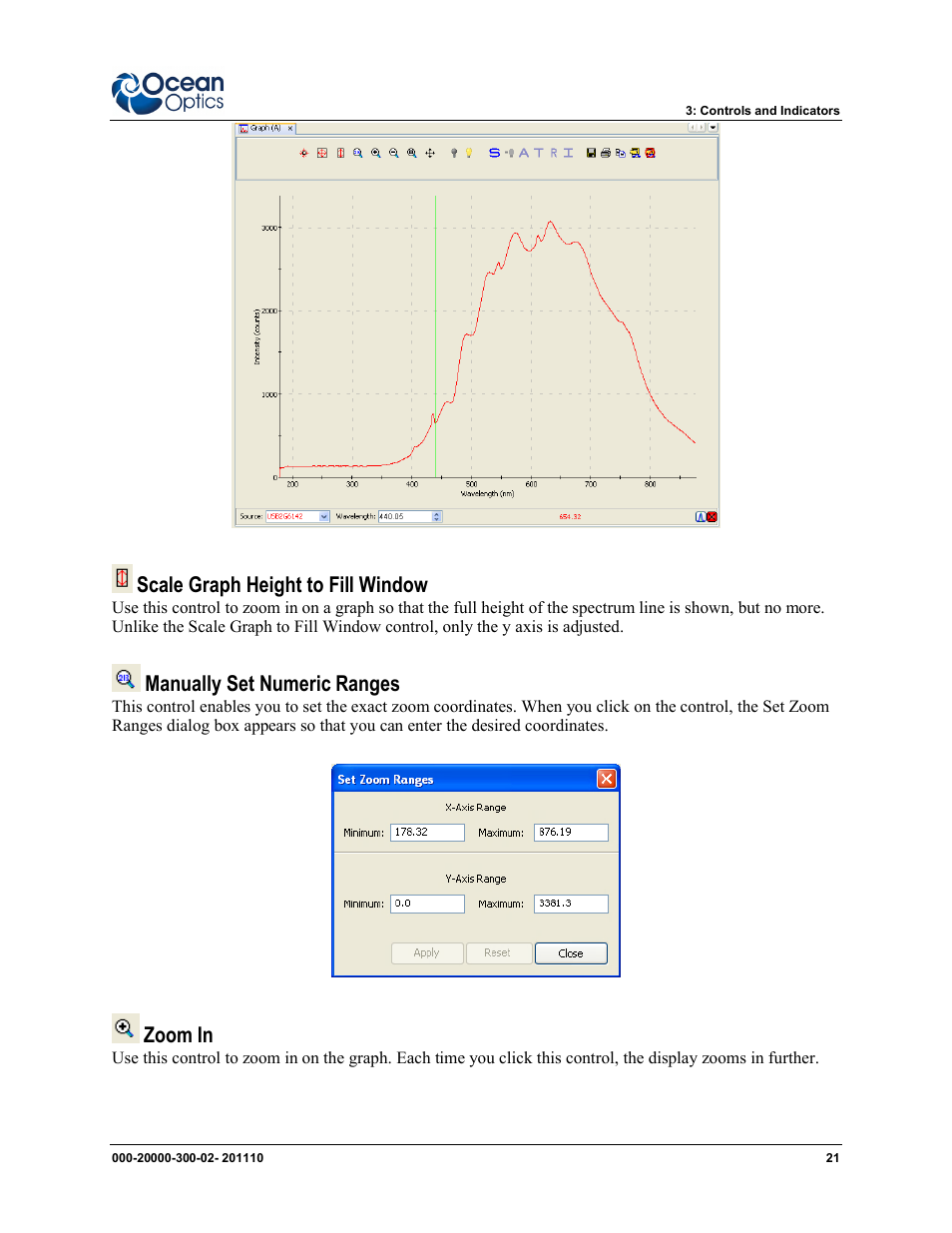Scale graph height to fill window, Manually set numeric ranges, Zoom in | Ocean Optics SpectraSuite User Manual | Page 33 / 198