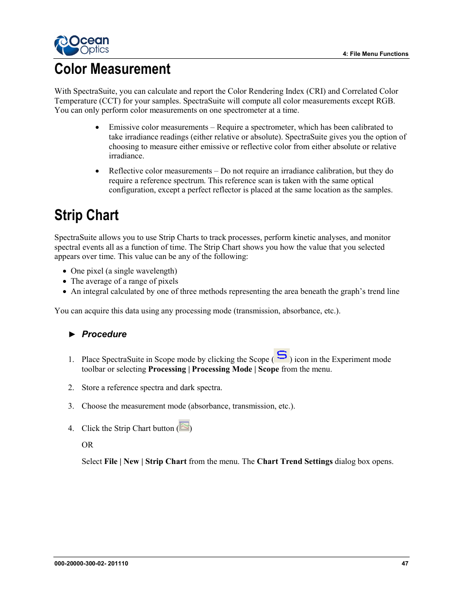Color measurement strip chart, Color measurement, Strip chart | Ocean Optics SpectraSuite User Manual | Page 59 / 198