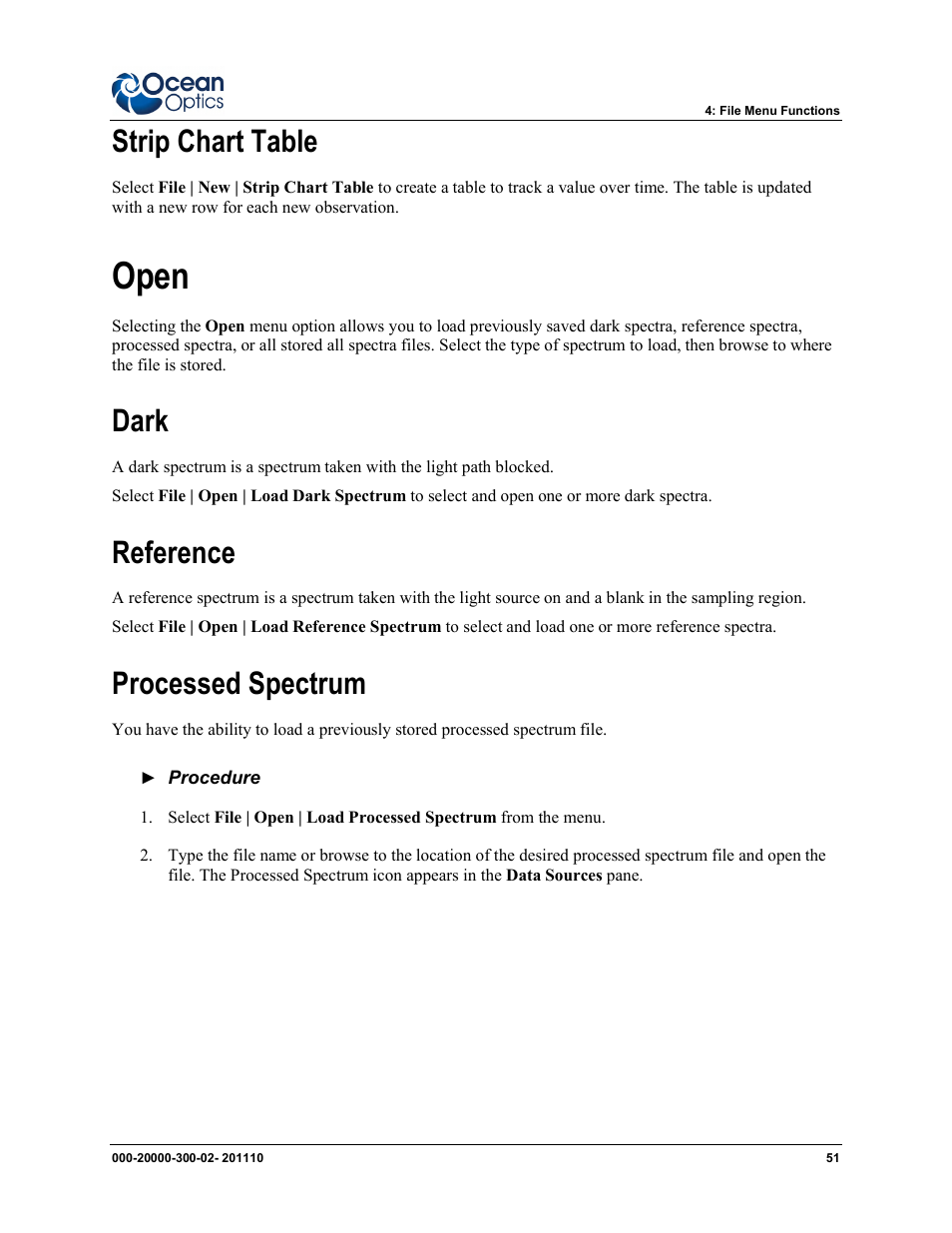 Strip chart table, Open, Dark reference processed spectrum | Dark, Reference, Processed spectrum | Ocean Optics SpectraSuite User Manual | Page 63 / 198