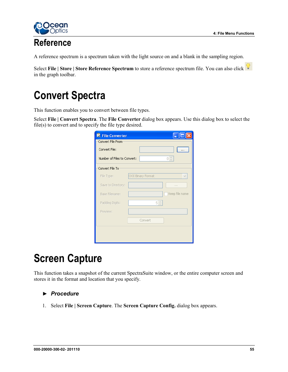 Reference, Convert spectra, Screen capture | Ocean Optics SpectraSuite User Manual | Page 67 / 198