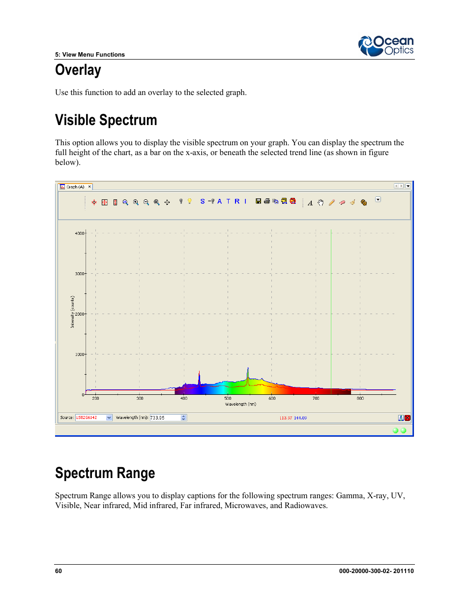 Overlay visible spectrum spectrum range, Overlay, Visible spectrum | Spectrum range | Ocean Optics SpectraSuite User Manual | Page 72 / 198