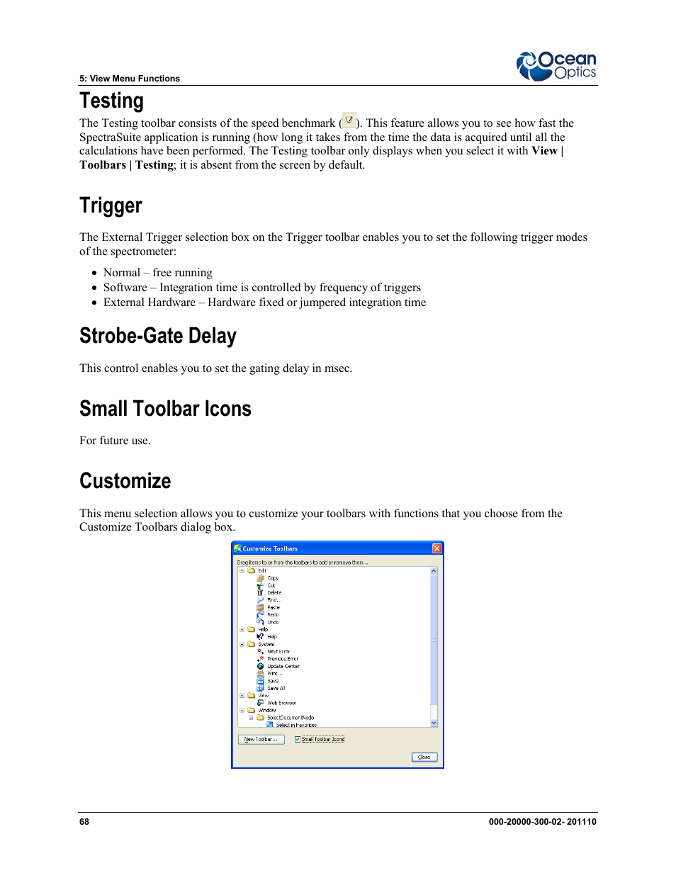 Testing, Trigger, Strobe-gate delay | Small toolbar icons, Customize | Ocean Optics SpectraSuite User Manual | Page 80 / 198