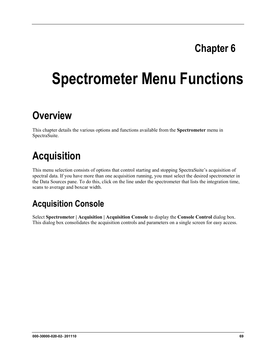 Chapter 6, Spectrometer menu functions, Overview acquisition | Acquisition console, Overview, Acquisition | Ocean Optics SpectraSuite User Manual | Page 81 / 198