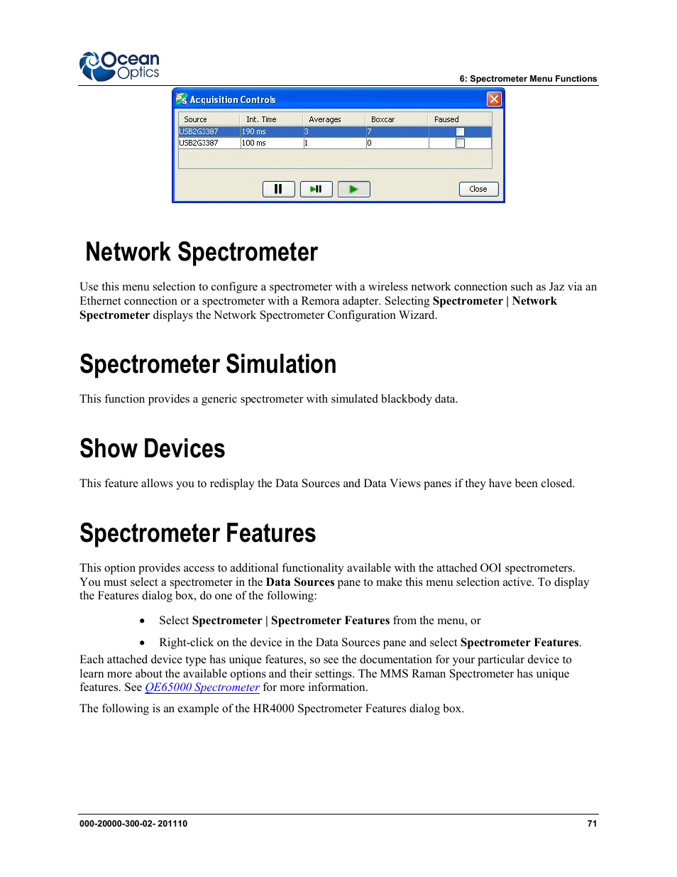 Network spectrometer, Spectrometer simulation, Show devices | Spectrometer features | Ocean Optics SpectraSuite User Manual | Page 83 / 198