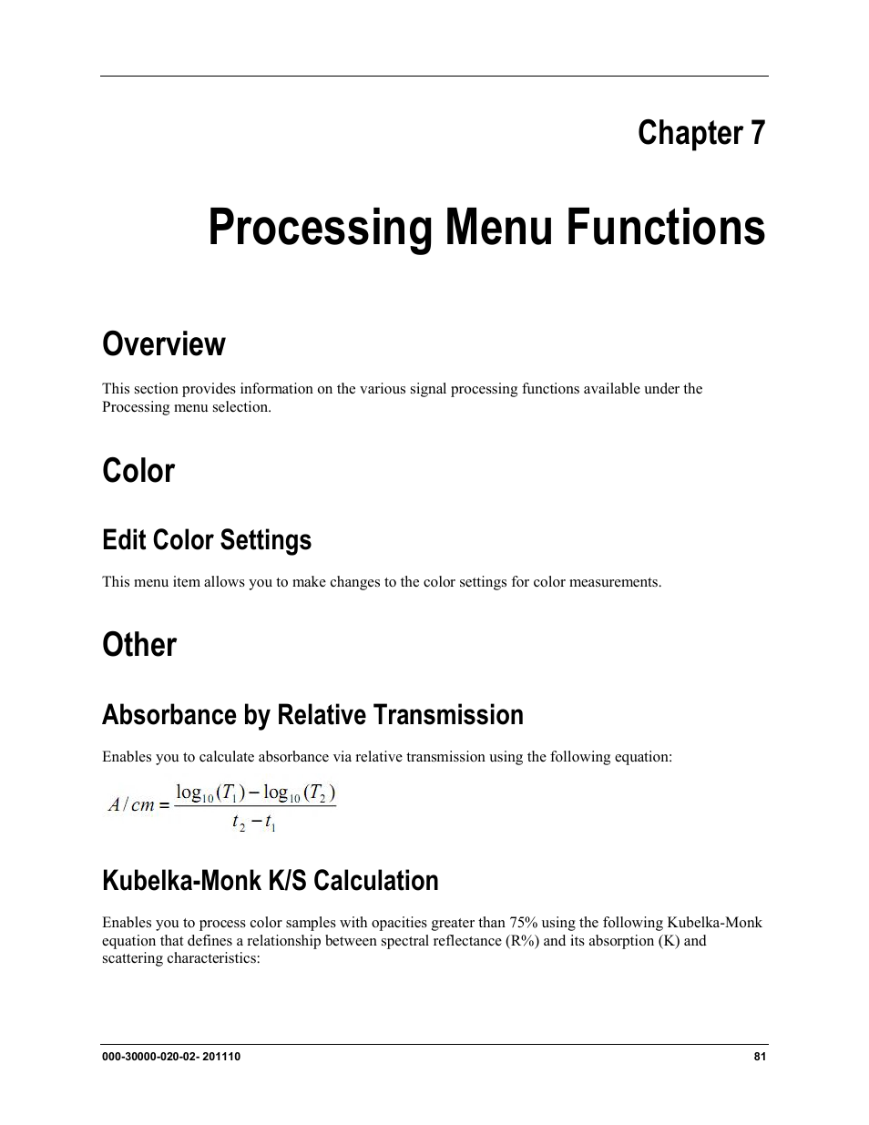 Chapter 7, Processing menu functions, Overview color | Edit color settings, Other, Absorbance by relative transmission, Overview, Color | Ocean Optics SpectraSuite User Manual | Page 93 / 198