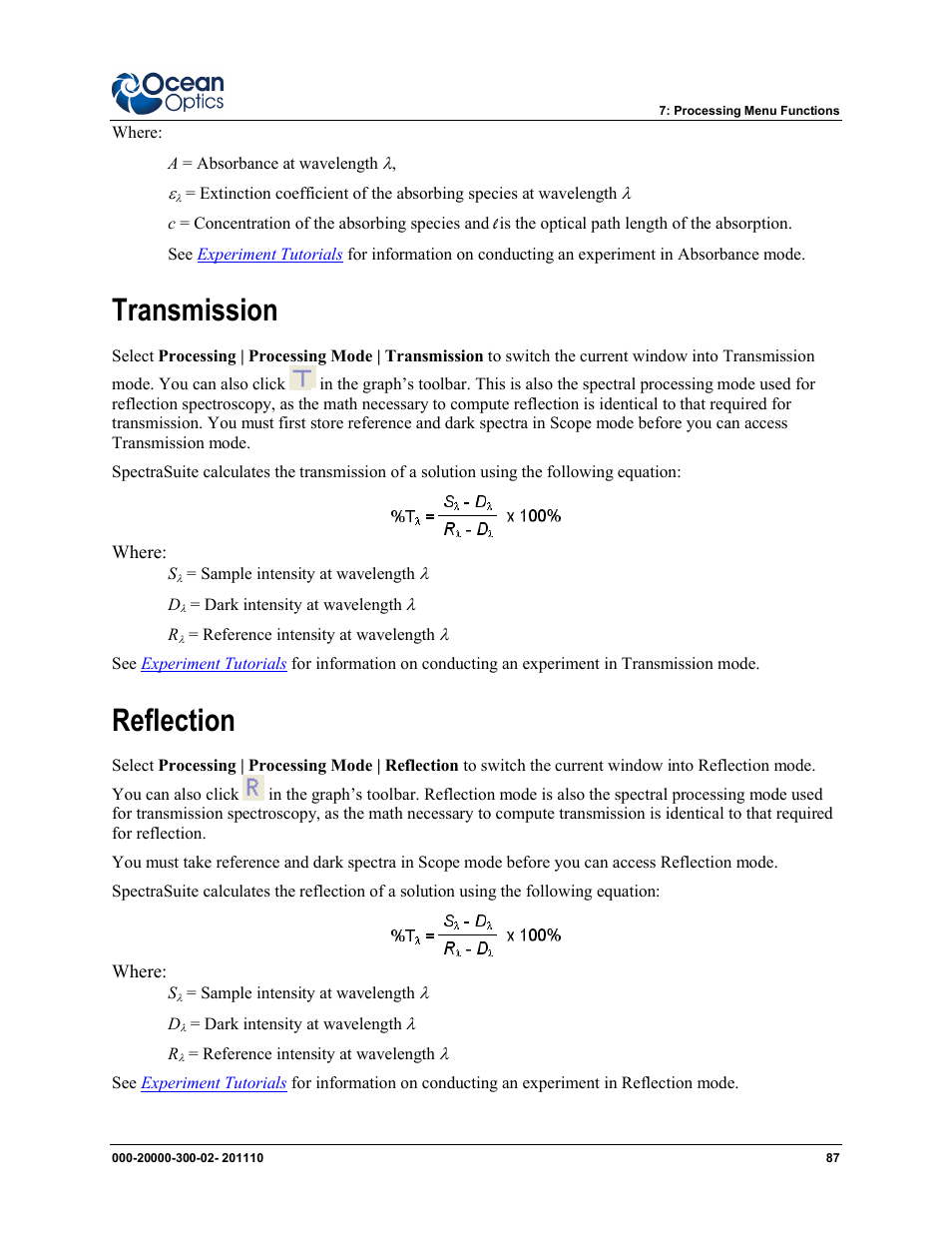 Transmission reflection, Transmission, Reflection | Ocean Optics SpectraSuite User Manual | Page 99 / 198