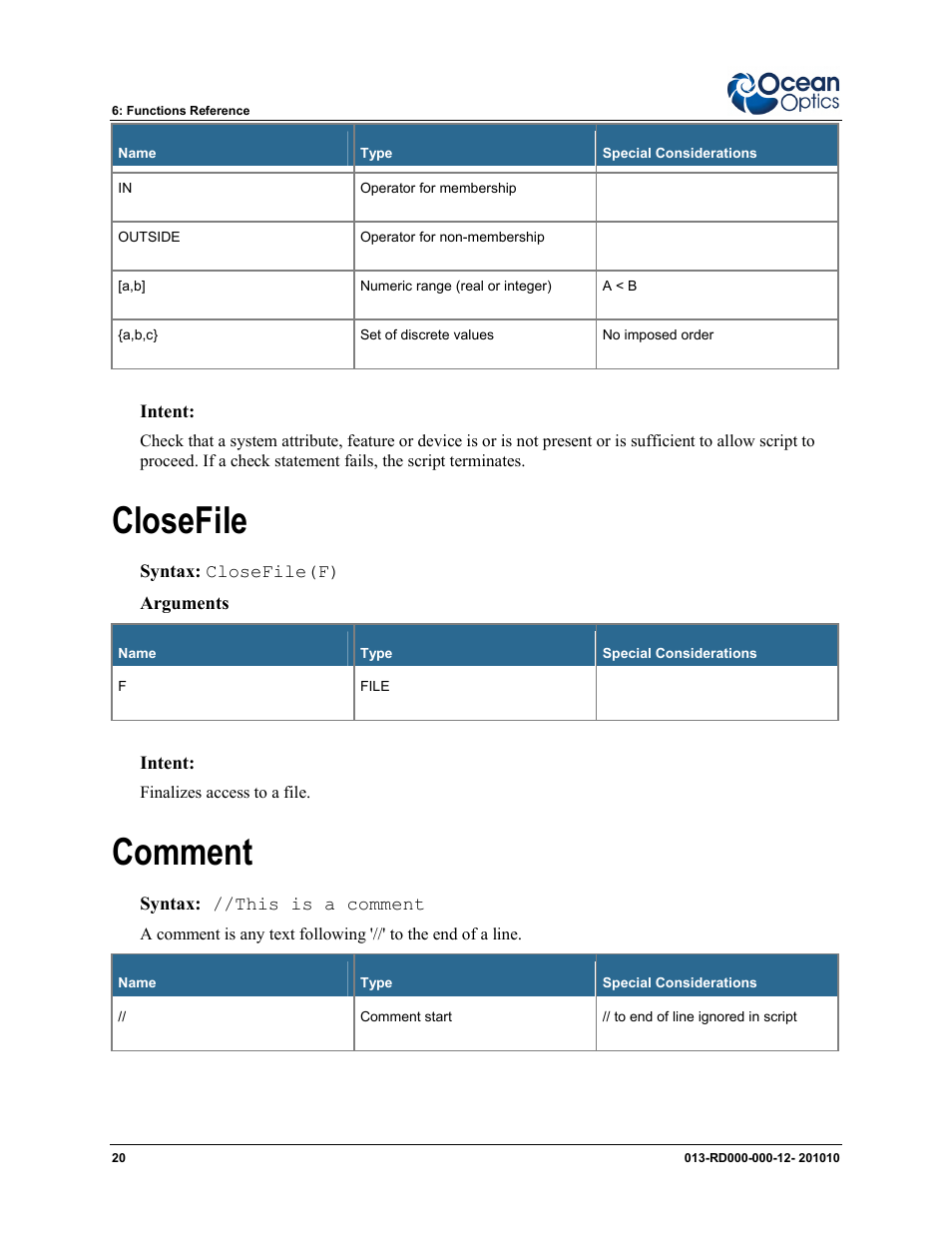 Closefile comment, Closefile, Comment | Ocean Optics Jaz Scripting Language and Scripting Engine User Manual | Page 28 / 74
