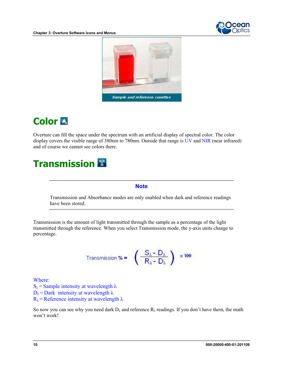 Color, Transmission | Ocean Optics Overture User Manual | Page 18 / 56