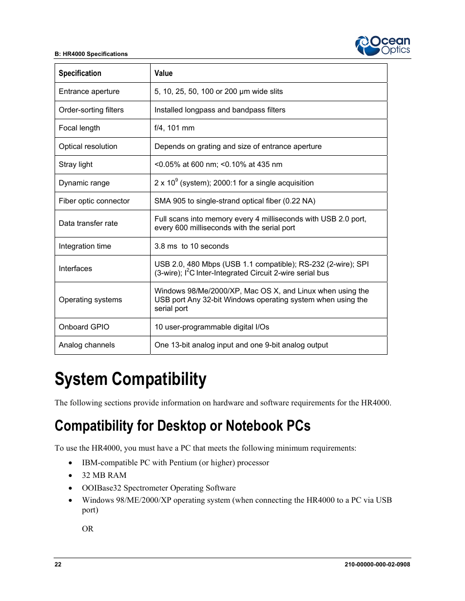 System compatibility, Compatibility for desktop or notebook pcs | Ocean Optics HR4000CG-UV-NIR User Manual | Page 30 / 38