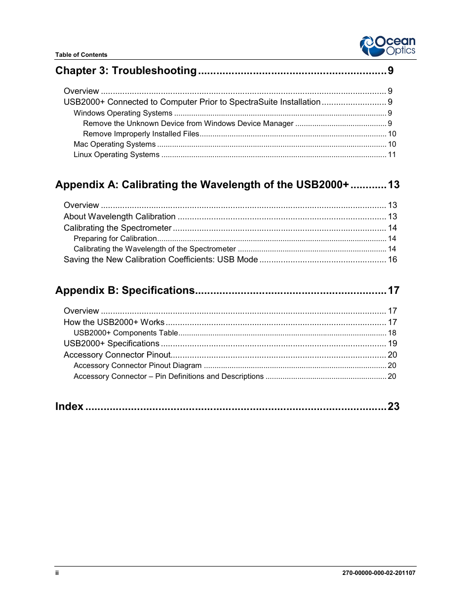 Chapter 3: troubleshooting, Appendix b: specifications, Index | Ocean Optics USB2000+ Install User Manual | Page 4 / 30