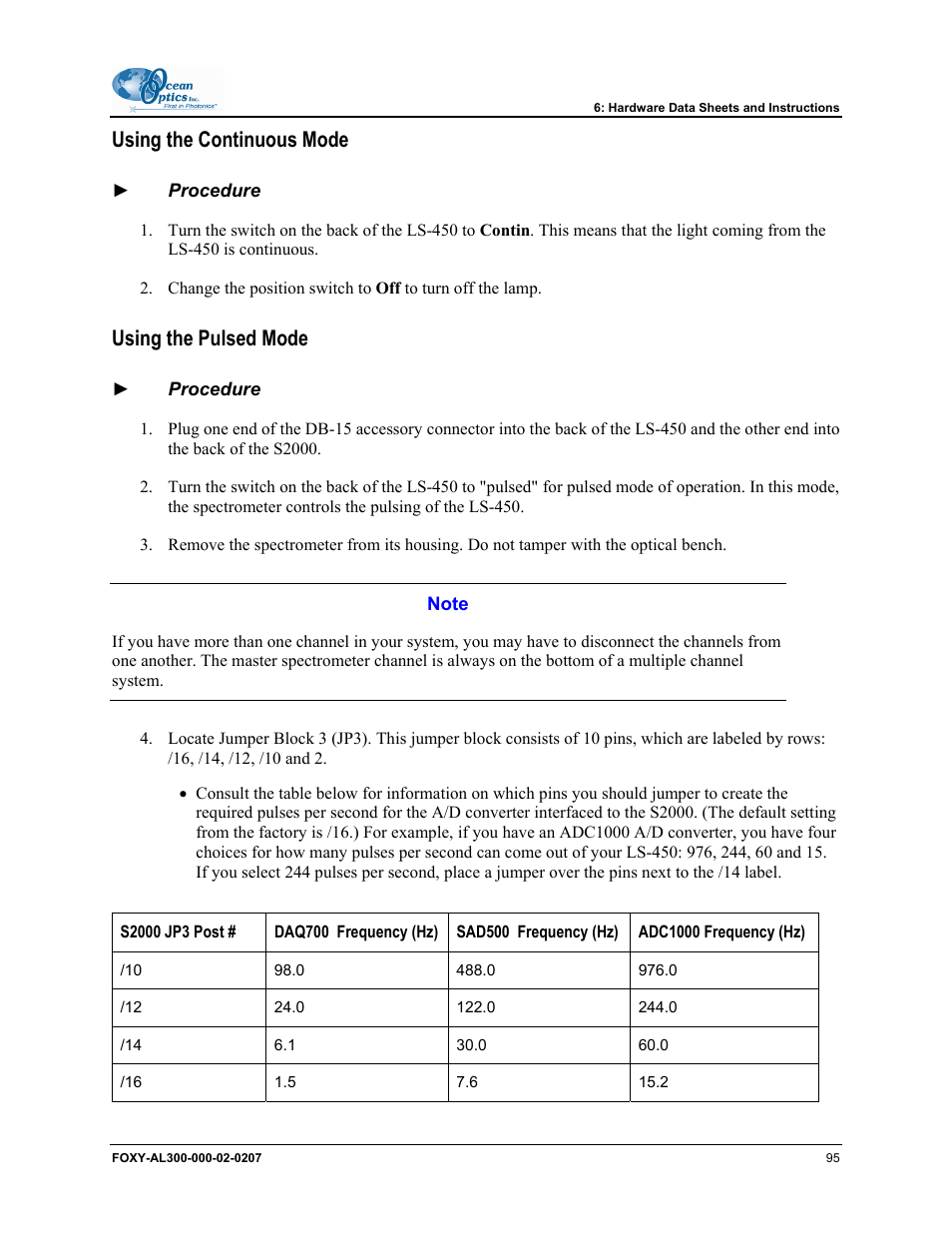 Using the continuous mode, Using the pulsed mode | Ocean Optics OOISensors User Manual | Page 105 / 138